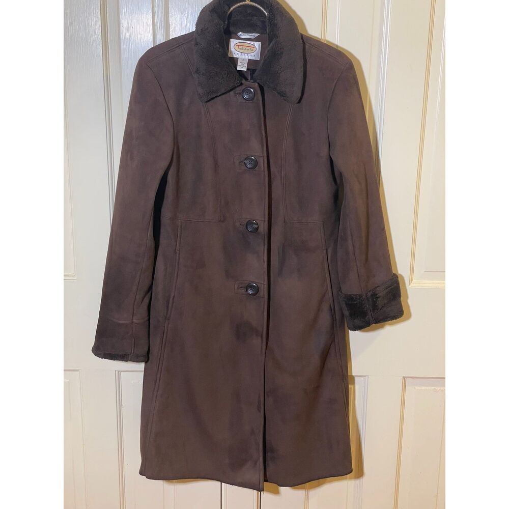Talbots Brown Faux Suede Long Trench Coat with Faux Fur Collar Size S Petites